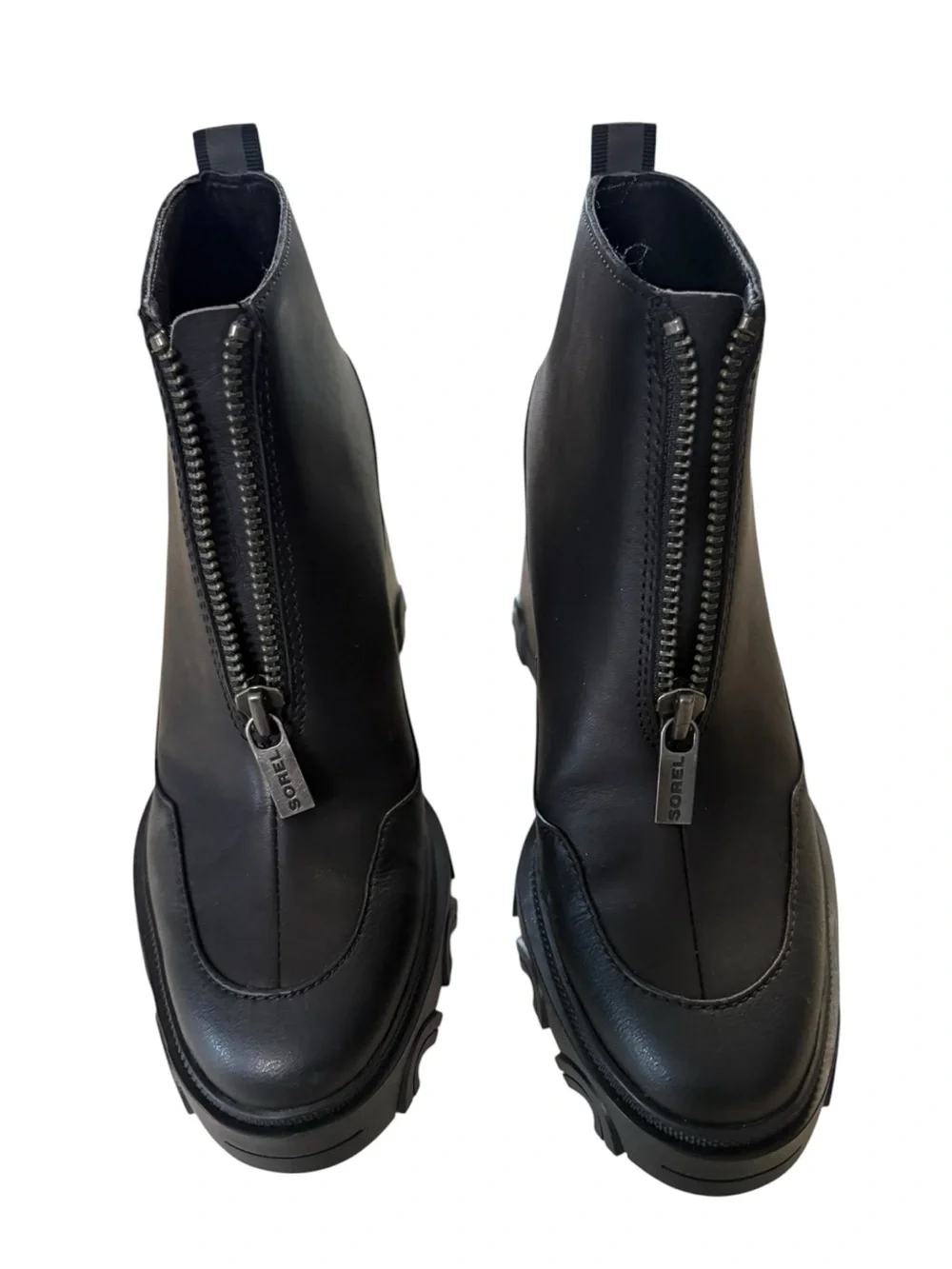 Sorel size 7.5 brex booties heeled Black Front-Zip Chunky Lug Heel Ankle Boots